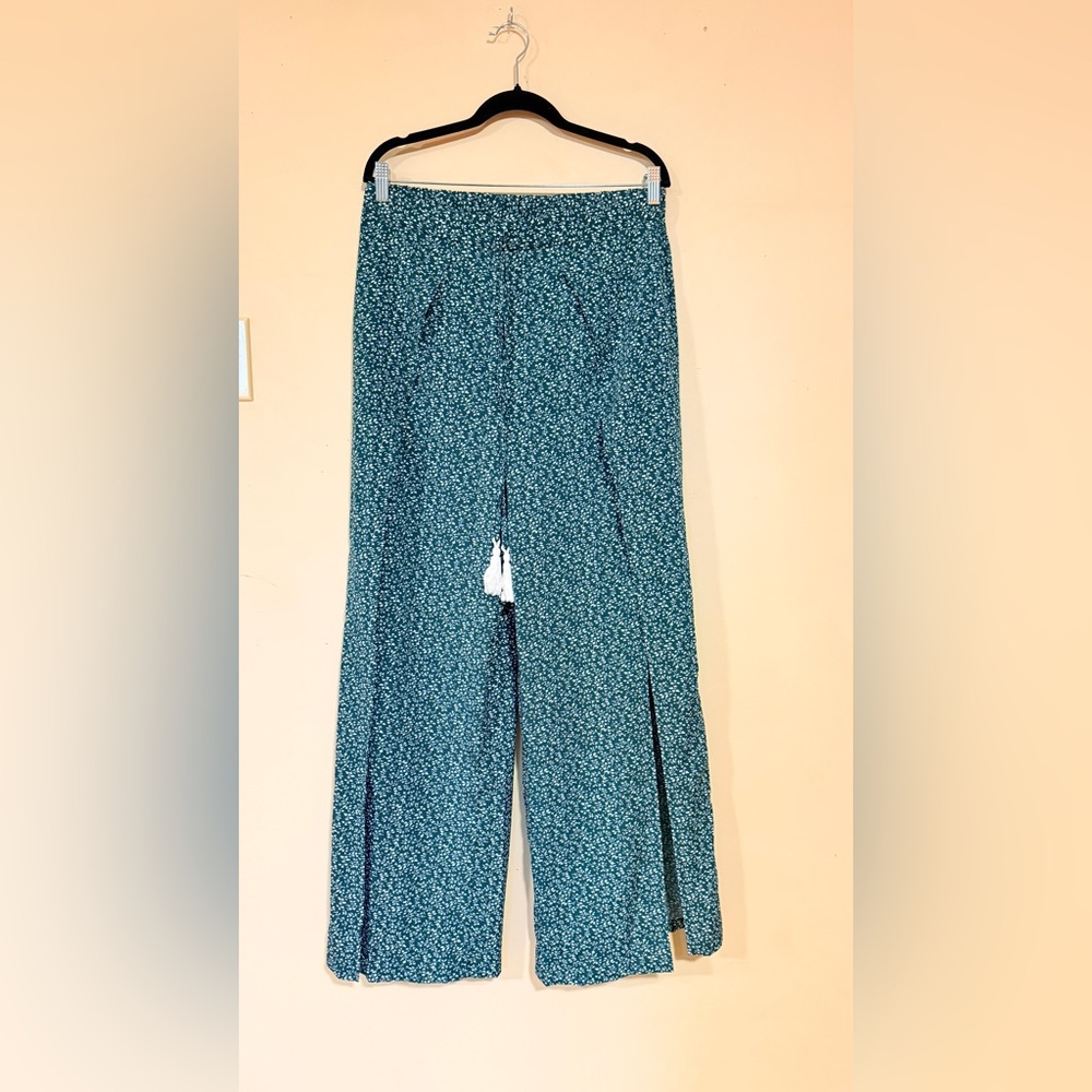 Ditsy Floral Green Wide Leg Pants Tassel Tie Side Slit Boho